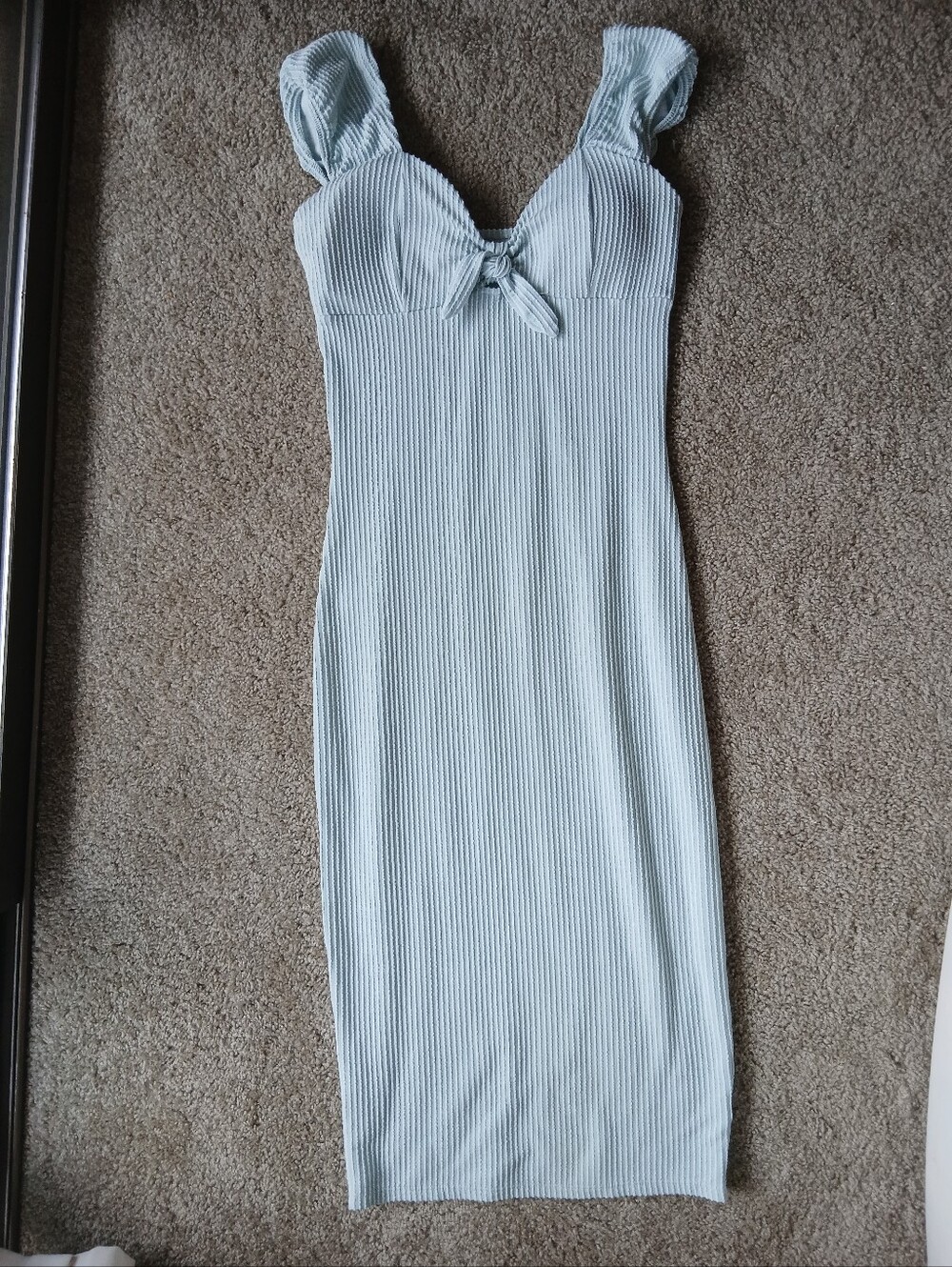 Ribbed Midi Dress with Tie Front - Light Blue
